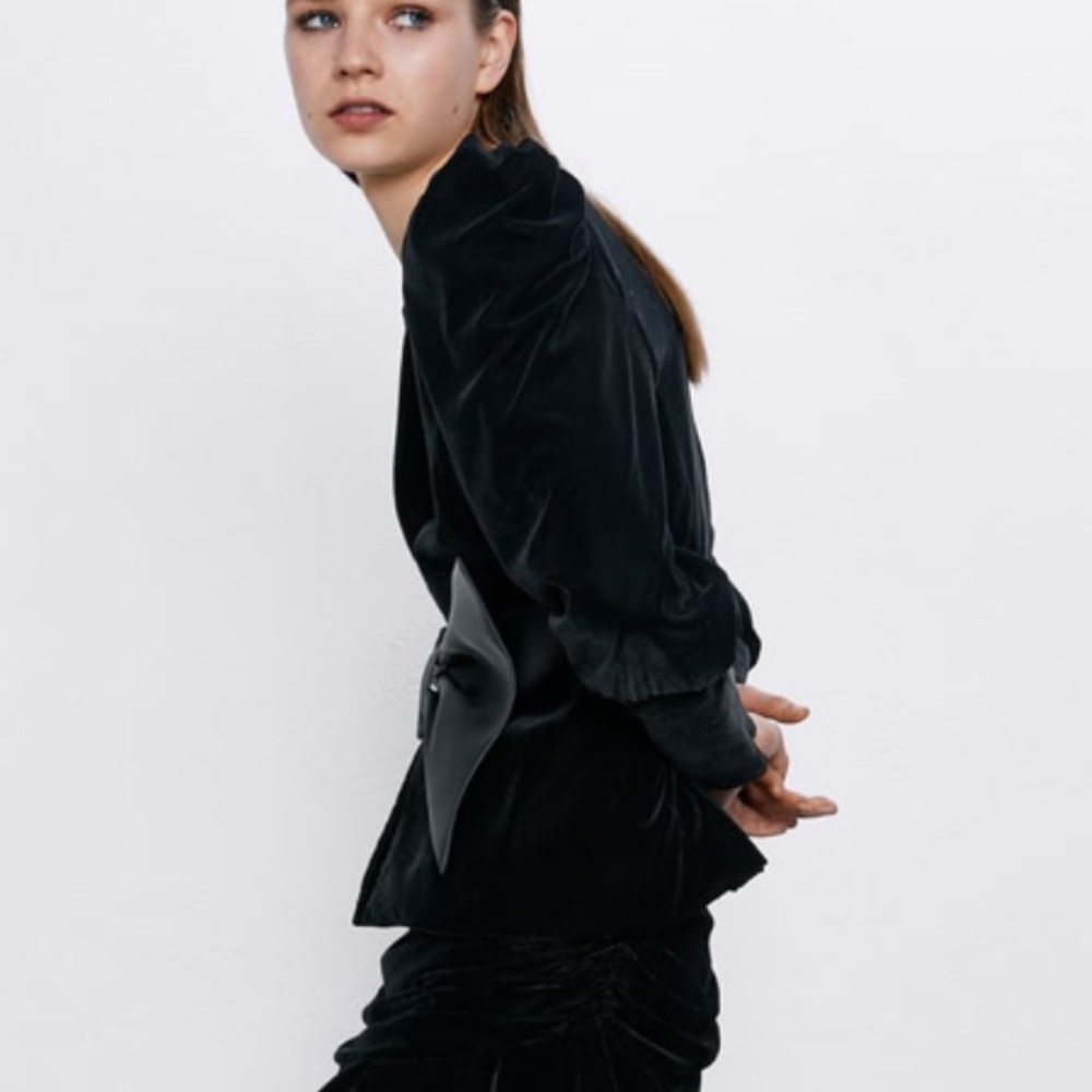 Zara Black Velvet Jacket and Skirt set-with Satin Bow Belt NWOT - Picture 6 of 7